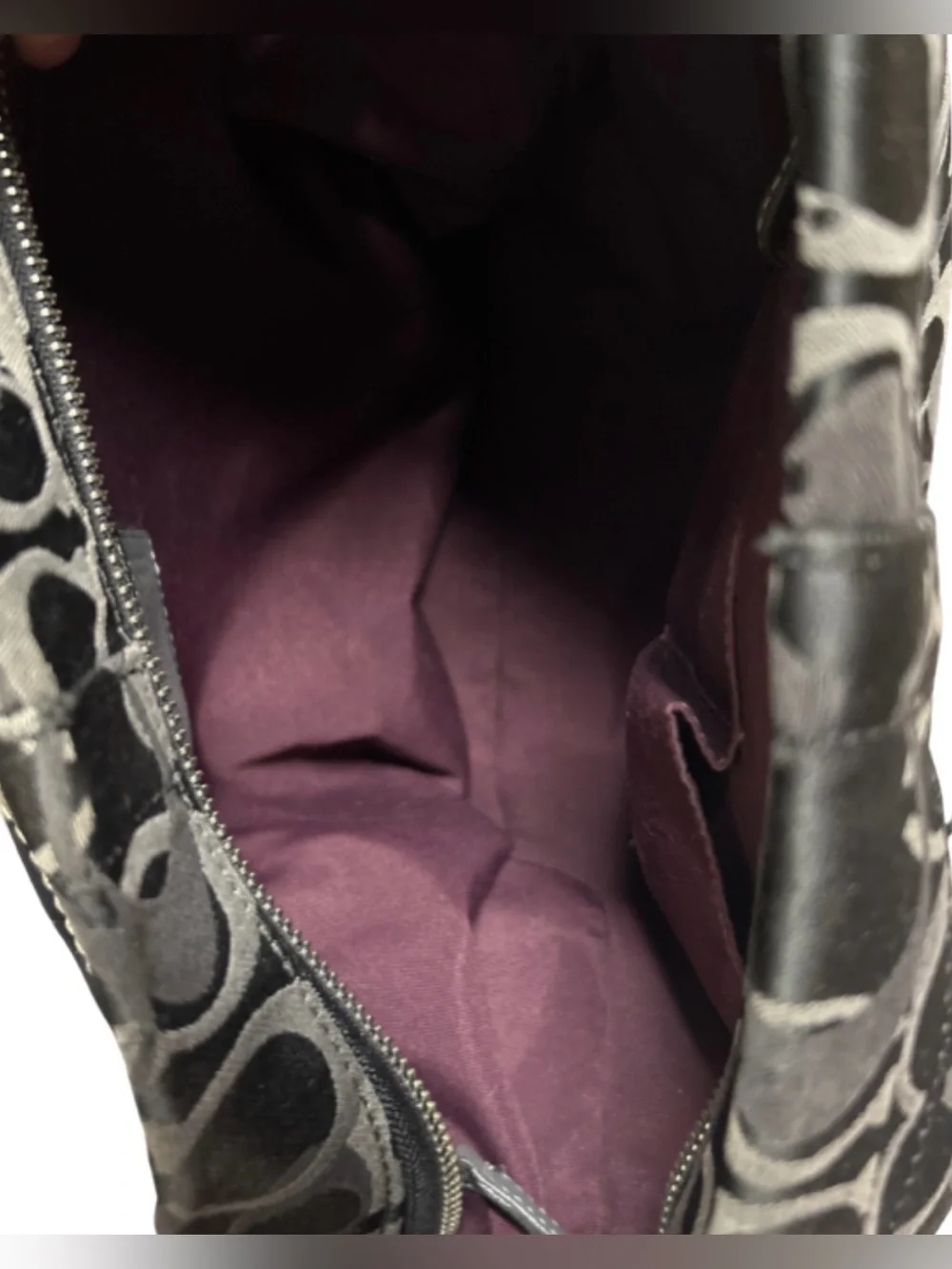 Coach Carly signature jacquard hobo black l& gray bag with chunky silver EUC